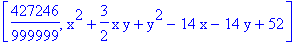 [427246/999999, x^2+3/2*x*y+y^2-14*x-14*y+52]